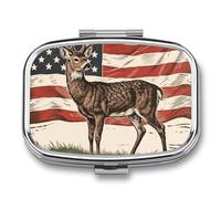 Deer American Flag Pill Box 2 Compartment Square Metal Pill Organizer Portable Mini Travel Medicine Case with Mirror Cute Medicine Container Holder for Pocket Purse