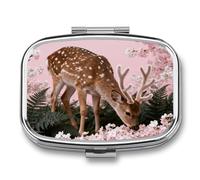 Deer Among Pink Cherry Blossoms pilldispenser with Mirror 2 Compartments Waterproof PillCase for Purse Pocket Non-Slip Grip Travel Medicine Organizer Container Box for Vitamin Fish Oil Supplement