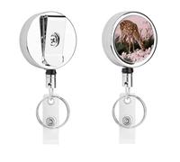 Deer Among Pink Cherry Blossoms Retractable Work Badge Holder Keychain Badge Reel 24.4" Cord & 360° Swivel Alligator Clip Heavy Duty Id Name Tag Holder for Nurses Doctors Teachers Office Workers