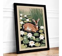 Deer Among Water Lilies Botanical Framed Wall Art Print A3 Black