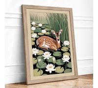 Deer Among Water Lilies Botanical Framed Wall Art Print A3 Oak