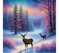 Deer and a Colourful Snowy Sky Pack of 10 Christmas Greeting Cards 150mm x 150mm Square - Including Envelopes - GC664SQPCK10