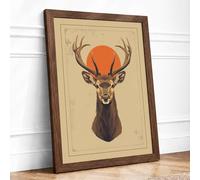 Deer and Rising Sun Boho Framed Wall Art Print A3 (42×29.7cm) Walnut, Wall Decor for Living Room, Bedroom, Office & Home, Ready to Hang, Art Gift