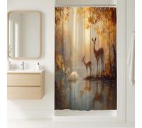 Deer and Swan Shower Curtain, Autumn Nature Scene Bathroom Decor, Cozy Fall Rustic Waterproof Fabric Shower Curtain with Hooks 36x72 Inch