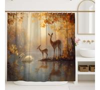 Deer and Swan Shower Curtain, Autumn Nature Scene Bathroom Decor, Cozy Fall Rustic Waterproof Fabric Shower Curtain with Hooks 72x84 Inch