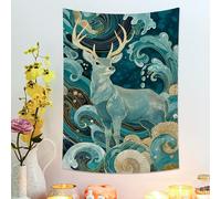 Deer and Waves Teal Blue Tapestry, Oceanic Nature Bohemian Decorative Wall Hanging, Aesthetic Tapestries for Living Room, Bedroom, Dorm 30x40 Inch