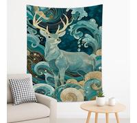 Deer and Waves Teal Blue Tapestry, Oceanic Nature Bohemian Decorative Wall Hanging, Aesthetic Tapestries for Living Room, Bedroom, Dorm 60x80 Inch