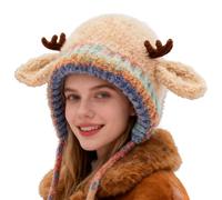 Deer Antler Beanie - Winter Warm Knitted Wool Hat, Cute Reindeer Costume Plush Cap Prop, Novelty Holiday Party Accessory Ear, Outdoor Cold Weather Travel Styling For Women Girls Youth