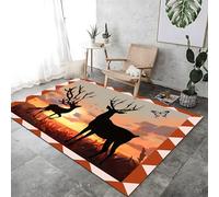 Deer Area Rug, 60 x 110 cm Dusk Silhouette Animal Butterflies Birds Print Washable Easy Care Rug, orange pink Non Slip Foldable Natural Style black Carpet for Boys Girls Bedroom Interior Floor Mat
