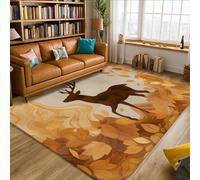 Deer Area Rug, Autumn Nature Leaves Branches Fall Brown Low Pile Foam Rectangle Floor Carpets Edge Binding Rugs for Living Room Bedroom Under Table Dining Decor 5' X 7'