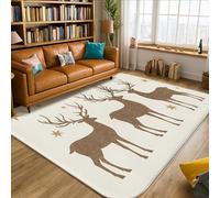 Deer Area Rug, Christmas Rustic Antlers Stars Christmas Brown Non-Slip Home Floor Rectangle Print Carpet Rugs for Living Room Bedroom Under Bed Apartment Decor 5' X 7'