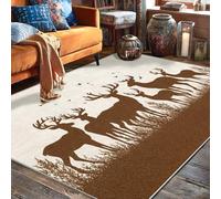 Deer Area Rug, Rustic Natural Grass Birds Fall Brown Low Pile Home Floor Rectangle Print Carpet Rugs for Living Room Bedroom Under Table Dining Decor 5' X 7'
