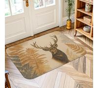 Deer Area Rug, Rustic Nature Fern Leaves Fall Brown Low Pile Foam Indoor Doormat Accents Rug Non Shedding Bathroom Laundry Room Kitchen Entryway Decor 2' X 3'