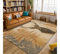 Deer Area Rug, Rustic Nature Fern Leaves Fall Brown Non-Slip Home Floor Rectangle Print Carpet Rugs for Living Room Bedroom Under Table Dining Decor 5' X 7'