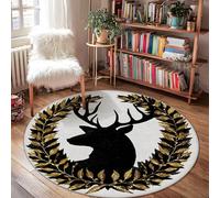 Deer Area Rug, Rustic Nature-Inspired Laurel Leaves Fall Black Low Pile Edge Binding Doormat Throw Rug Circle Entryway Bathroom Laundry Room Decor 4' X 4'