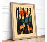 Deer at Sunrise Japandi Framed Wall Art Print A2 Oak