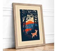 Deer at Woodland Sunset Rustic Framed Wall Art Print A1 (84.1×59.4cm) Oak, Wall Decor for Living Room, Bedroom, Office & Home, Ready to Hang, Art Gift