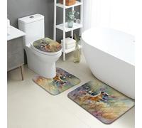 Deer Bathroom Mat Sets 3 Piece, Watercolor Wildlife Absorbent Non Slip Toilet Rugs U Shaped Washable, Nature Inspired Quick Dry Flannel Bathroom Rug Set