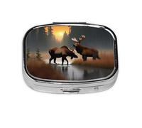 Deer Bear Moose Print Square Metal Pill Box Decorative Pill Case - Carry Your Meds in Style (Rectangular)