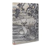 Deer Below The Monkeys By Kawanabe Kyosai Asian Japanese Canvas Wall Art Print Ready to Hang, Framed Picture for Living Room Bedroom Home Office Décor, 20x14 Inch (50x35 cm)
