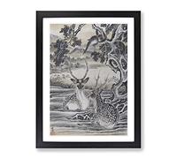 Deer Below The Monkeys By Kawanabe Kyosai Asian Japanese Framed Print | A2 Black Framed Wall Art | Ready to Hang | Asian Animal Picture | Living Room Bedroom Lounge Office