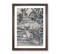 Deer Below The Monkeys By Kawanabe Kyosai Asian Japanese Framed Print | A2 Walnut Framed Wall Art | Ready to Hang | Asian Animal Picture | Living Room Bedroom Lounge Office