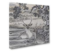 Deer Below the Monkeys by Kawanabe Kyosai Canvas Print | Gallery Wrapped 30mm Frame Wall Art | 14x14 inches | Ready to Hang | Asian Animals Picture | Living Room Bedroom Lounge Office