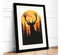 Deer Beneath Golden Sun Japandi Framed Wall Art Print A1 (84.1×59.4cm) Black, Wall Decor for Living Room, Bedroom, Office & Home, Ready to Hang, Art Gift