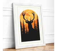Deer Beneath Golden Sun Japandi Framed Wall Art Print A2 (59.4×42cm) White, Wall Decor for Living Room, Bedroom, Office & Home, Ready to Hang, Art Gift