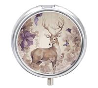 Deer Birds with Flowers Pill Box 3 Compartment Waterproof Pill Container with Mirror Metal Medicine Box Organizer Portable Vitamin Case for Pocket & Purse Travel - Round