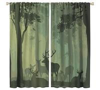 Deer Blackout Curtain,Green Misty Forest Rustic Wildlife Moose Mountain Elk Birds Pine Forest Silhouette Window Curtains for Kitchen Cafe Office Window Drapes,2 Panels W42 xL45