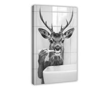 Deer Brushing Teeth, Funny Bathroom Wall Art, Cute Laundry Room Decor, Animals in Bathroom, Retro Deer Humor Print, Ai Art-1