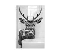 Deer Brushing Teeth, Funny Bathroom Wall Art, Cute Laundry Room Decor, Animals in Bathroom, Retro Deer Humor Print, Ai Art-1