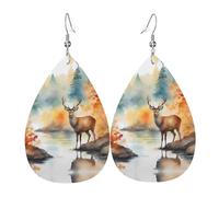 Deer by the river Printed Leather Earrings - Lightweight Teardrop Earrings Perfect for Christmas, Valentine's Day Gifts
