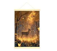 Deer Canvas Hanging Poster Wall Art, Nature Fanciful Butterflies Trees Autumn Gold Hanging Poster with Frames Home Bedroom Living Room Decor 20x28 Inches