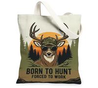 Deer Canvas Tote Bag for Women, Outdoor Rustic Trees Sunset Fall Green Washable Reusable Everyday Tote Bags Ideas for Outdoor Travel Workday Reading 13x15 Inch