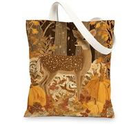 Deer Canvas Tote Bags, Nature Animal Print Reusable Grocery Bags, Rustic Autumn Style Lightweight Washable Shoulder Strap C, Brown, 13x15 Inch