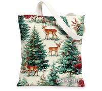 Deer Canvas Tote Bags, Nature Forest Animal Print Reusable Shopping Bags, Rustic Woodland Lightweight Washable Shoulder Strap Canvas for Travel Beach Picnic 13x15 Inch