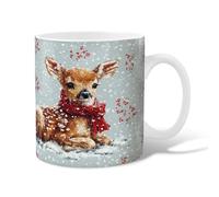 Deer Ceramic Coffee Mug, Winter Fanciful Snow Red Berries Winter Blue Novelty Hot Chocolate Mug with Handle Gift for Friends Family Lovers Eldership Senior Co-Worker 11 Oz