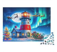 Deer Crossing The Lighthouse 1000 Pieces Jigsaw Puzzle Moonlight Aurora Relaxing Focus & Concentration Thick Cardboard for Kids Ages 14 52x38cm/1000pcs