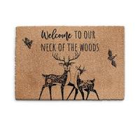Deer Doormat (60cm x 90cm) Small, Welcome To Our Neck of The Woods Welcome Front Door Mat, Coconut Core Fibre Heavy Duty Mat, Rug, Indoor Natural Coir Mat, Regular