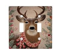 Deer Double Light Switch Cover Plate, Christmas Rustic Holly Candy Cane Xmas Brown Plastic Standard Size Switch Plate Decorative for Living Room Bedroom Home Office Decor