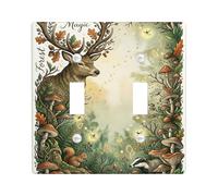 Deer Double Light Switch Cover Plate, Nature Fanciful Mushrooms Squirrel Fall Green Plastic Standard Size Toggle Light Switch Cover for Living Room Bedroom Home Office Decor