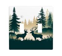 Deer Double Light Switch Cover Plate, Nature Rustic Trees Fog Fall Green Plastic Standard Size Switch Plate Decorative for Home Living Room New Apartment Decor