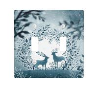 Deer Double Light Switch Cover Plate, Winter Nature Leaves Wreath Winter Blue Plastic Standard Size Switch Plate Decorative for Living Room Bedroom Home Office Decor
