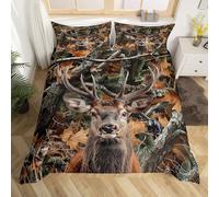 Deer Duvet Cover King Hunting Bedding Set for Kids Boys Girls Cabin Farmhouse Woodland Animal Camo Rustic Leaves Antlers Wolf Bear Tree Comforter Cover