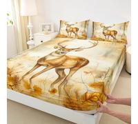 Deer Elk Fitted Sheet Double Size,Cabin Farmhouse Style Mattress Cover Autumn Leaves Jungle Bedding Set for Kids Adults Gold Deep Pocket Sheet 3Pcs,No Top Flat