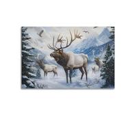 Deer & Elk Wall Art Hanging Paintings Poster Winter Snow Forest Landscape Artwork Rustic Farmhouse Animal Picture Prints Serene Nature Decor for Living Room Bedroom Home Wall Spaces 08x12inch(20x30cm)
