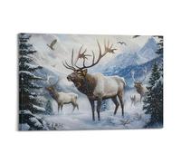 Deer & Elk Wall Art Hanging Paintings Poster Winter Snow Forest Landscape Artwork Rustic Farmhouse Animal Picture Prints Serene Nature Decor for Living Room Bedroom Home Wall Spaces 24x36inch(60x90cm)