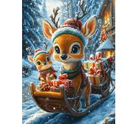 Deer Family in A Sleigh at Christmas 500 Pc Classic Jigsaw Puzzle Scenery Science Fiction Puzzle for Adults Hard Challenging Hobby Home Decor Poster Sturdy Creativity & Gift Giving 50